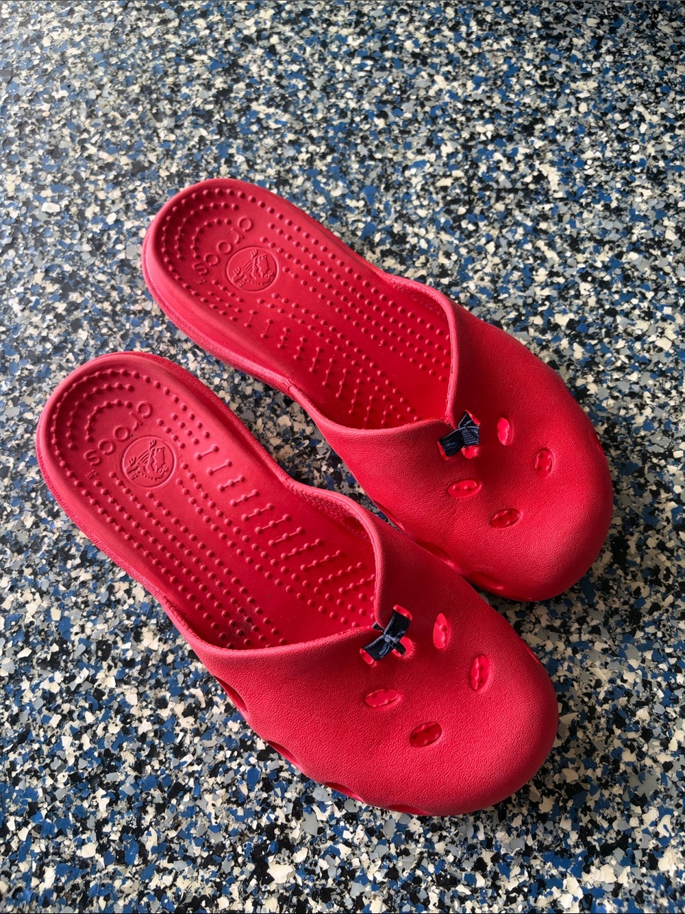 CROCS Red Slip-On Clogs with Small Black Bow